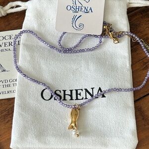 Oshena designer Beachwear Seraphine Gold and Purple Beaded Necklace Pearl Accent